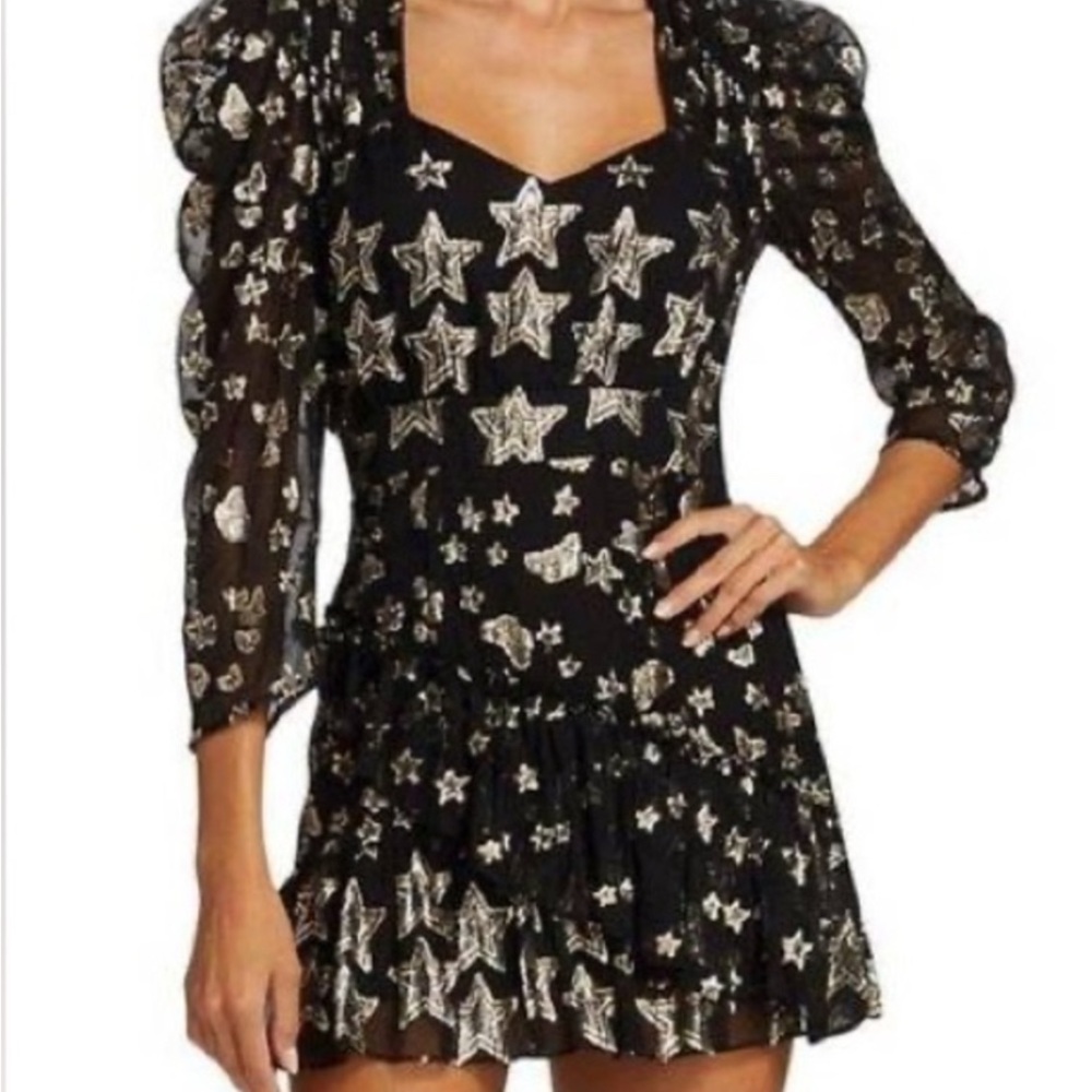 LoveShackFancy Black and Gold Starry Mini Dress